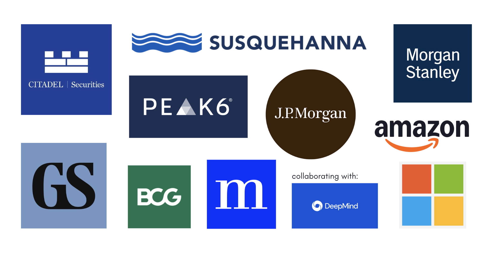 Firms where members and alumni have gone: Citadel Securities, Susquehanna, Morgan Stanley, PEAK6, J.P. Morgan, Amazon, Goldman Sachs, BCG, a16z and Microsoft, plus a collaboration with Google DeepMind